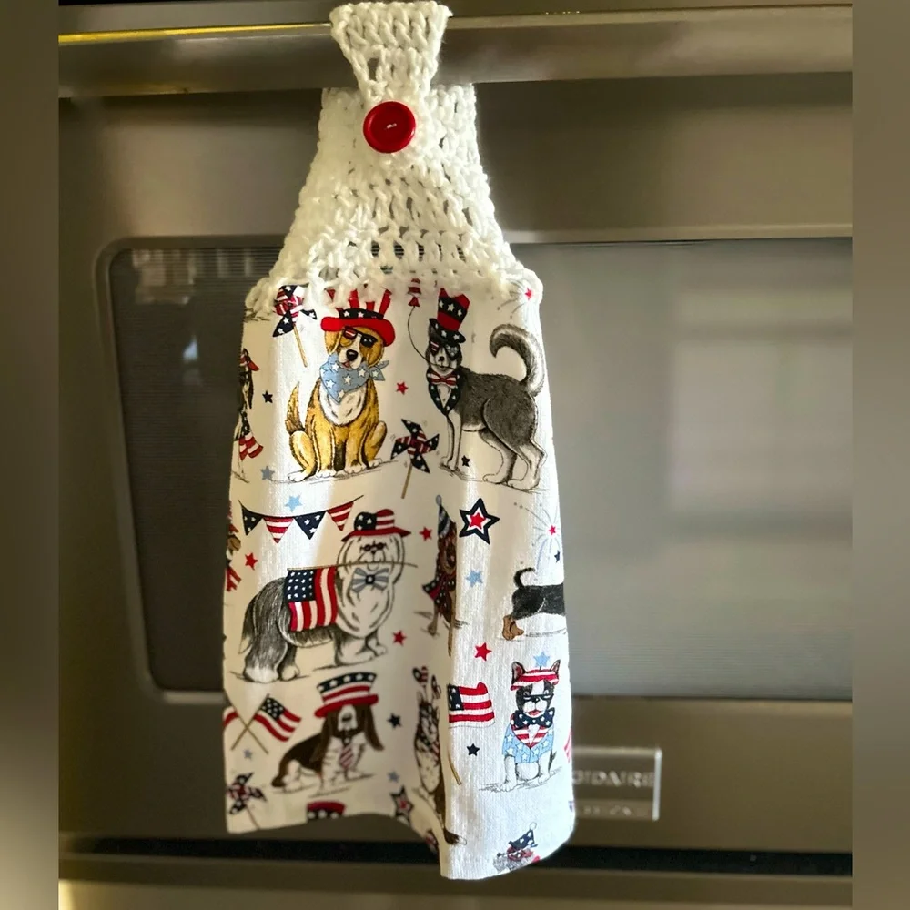 Hand Crafted Colorful Festive American Patriotic Dogs Hanging Kitchen Hand Towel